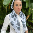 Load image into Gallery viewer, CLASSIC PRETIED Black and White Floral Head Scarf (WITH VELVET GRIP)