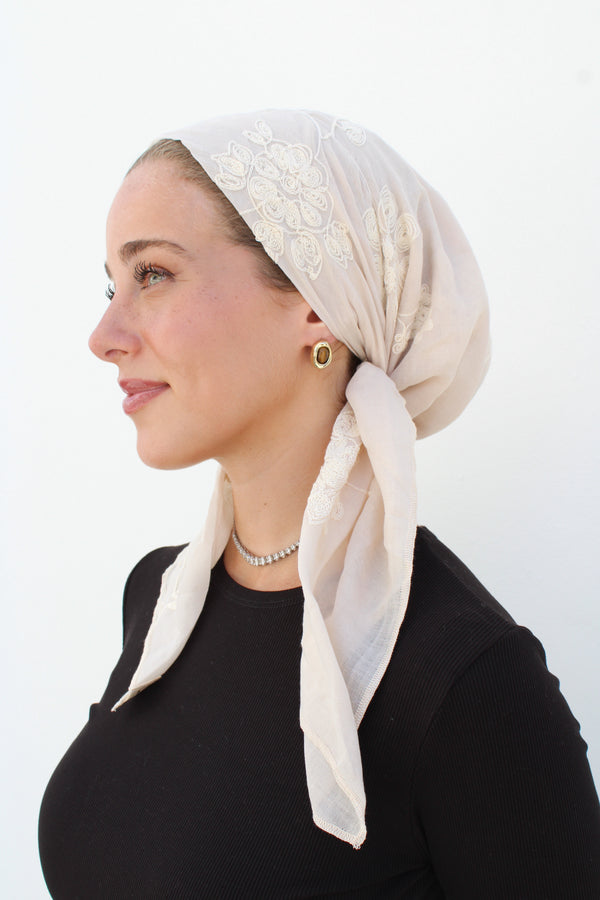 Cream Floral Embroidery Square Head Scarf