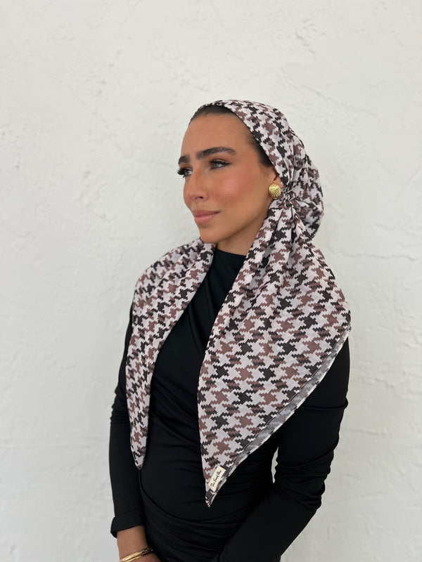 CLASSIC PRETIED Neutral Houndstooth Head Scarf (WITH VELVET GRIP)