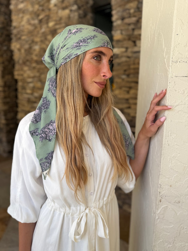 Olive Chateau Toile Square Head Scarf