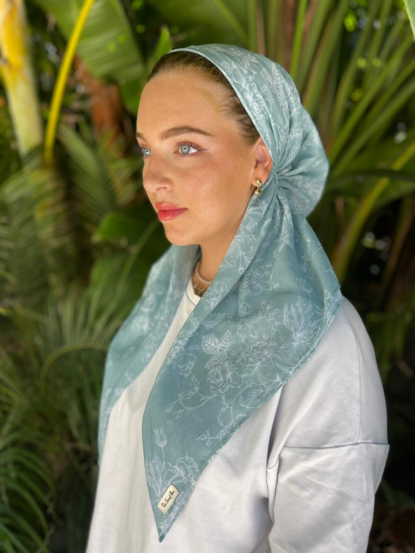 CLASSIC PRETIED Sage Green Toile Head Scarf (WITH VELVET GRIP)