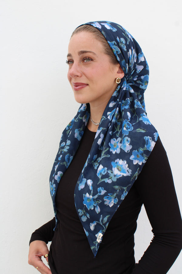 CLASSIC PRETIED Royal Blue Florals Head Scarf (WITH VELVET GRIP)