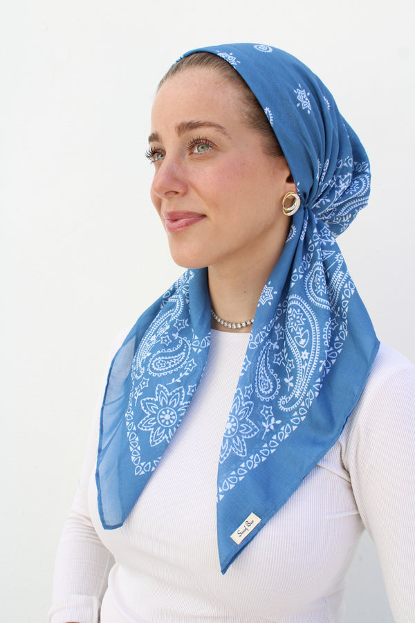 SHORT CLASSIC PRETIED Paisley Ocean Blue Head Scarf (WITH VELVET GRIP)