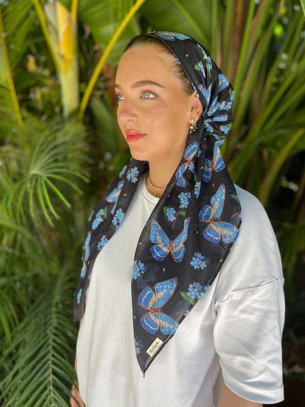 CLASSIC PRETIED Blue Butterfly Head Scarf (WITH VELVET GRIP)