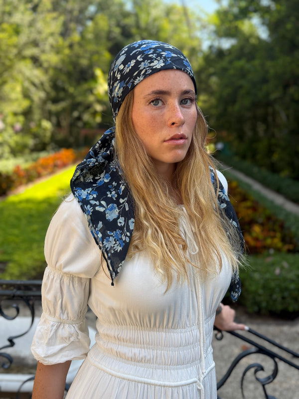 Navy Blossom Square Head Scarf