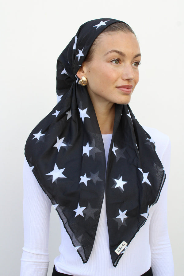 CLASSIC PRETIED Black and White Stars Head Scarf (WITH VELVET GRIP)
