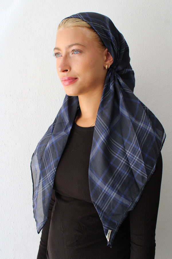 CLASSIC PRETIED Blue Mist Plaid Head Scarf (WITH VELVET GRIP)