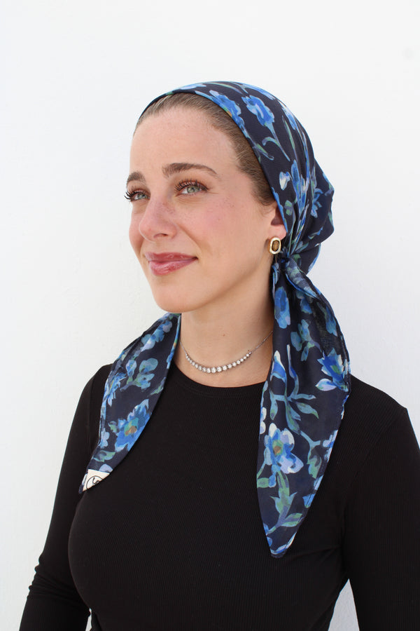 Royal Blue Florals Square Head Scarf