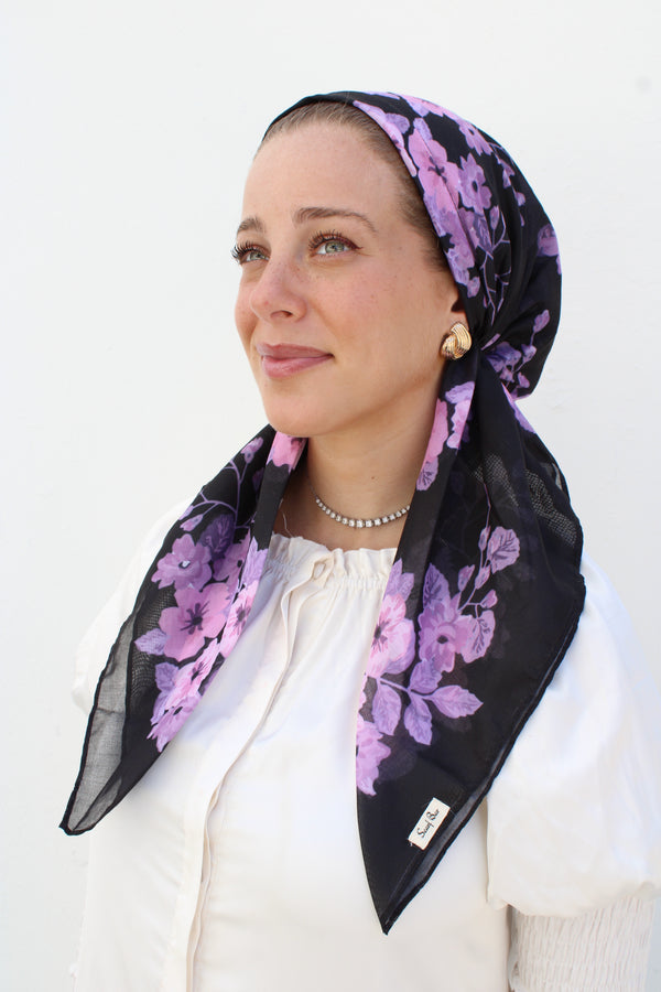 SHORT PRETIED Black Mauve Floral Head Scarf (WITH VELVET GRIP)