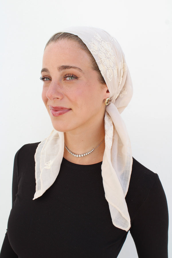 Cream Floral Embroidery Square Head Scarf