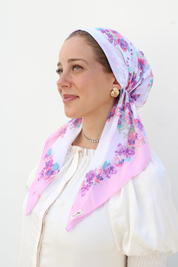 SHORT PRETIED Blush Multi Floral Head Scarf (WITH VELVET GRIP)