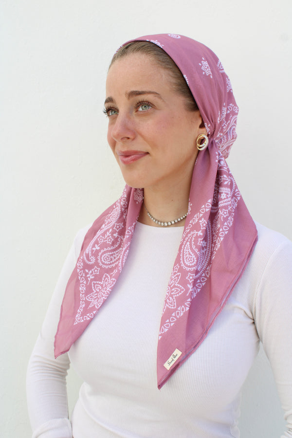 SHORT CLASSIC PRETIED Paisley Mauve Head Scarf (WITH VELVET GRIP)