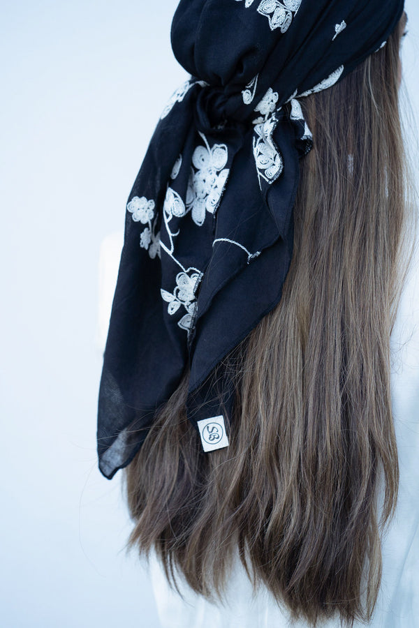 Black Floral Embroidery Square Head Scarf