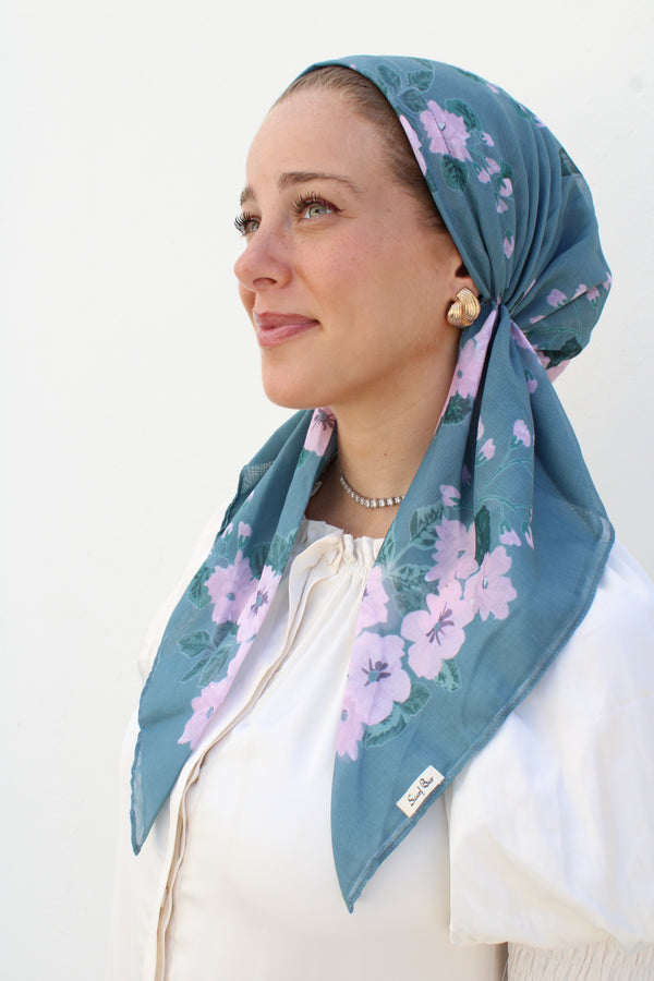 SHORT PRETIED Sage Blush Floral Head Scarf (WITH VELVET GRIP)