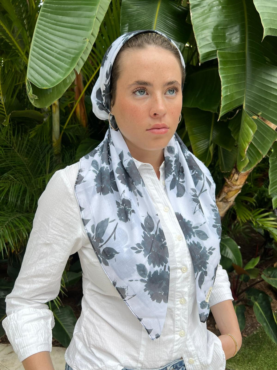 CLASSIC PRETIED Black and White Floral Head Scarf (WITH VELVET GRIP)