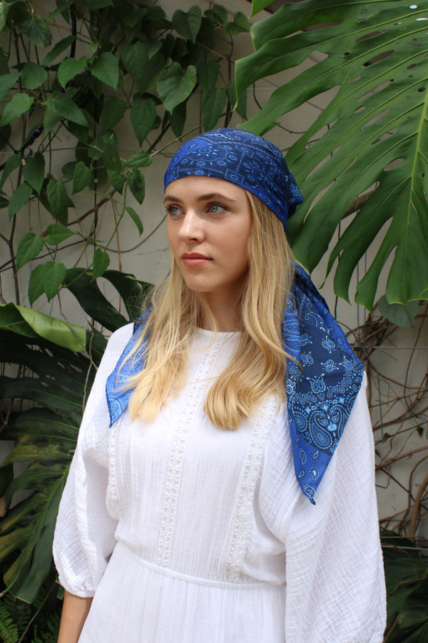 Blue Paisley Patchwork Square Head Scarf