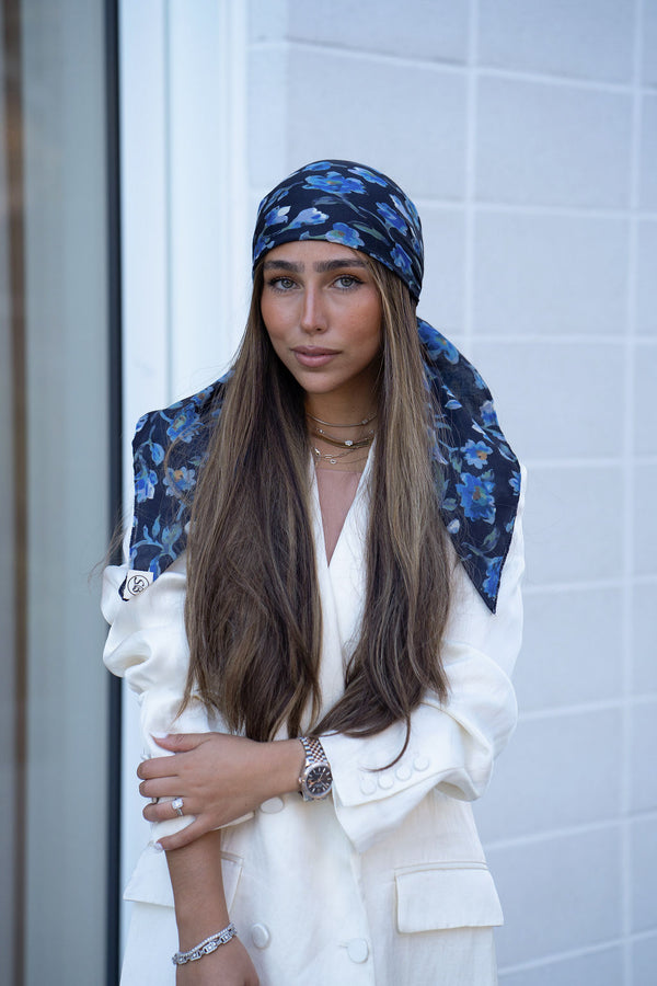 Royal Blue Florals Square Head Scarf