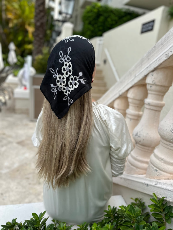 Two Tone Black Embroiderey Floral Cotton Viscose Bandanas