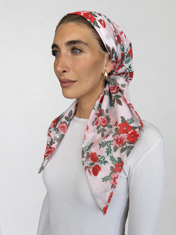 SHORT CLASSIC PRETIED Scarlet Garden Head Scarf (WITH VELVET GRIP)