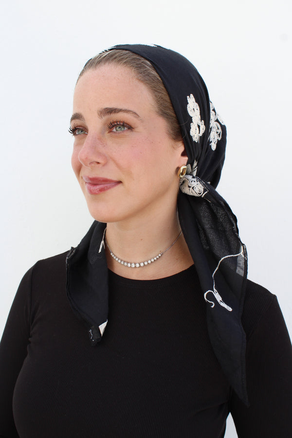 Black Floral Embroidery Square Head Scarf