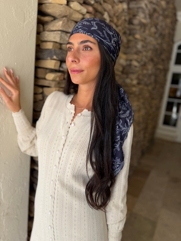 Navy Motif Square Head Scarf