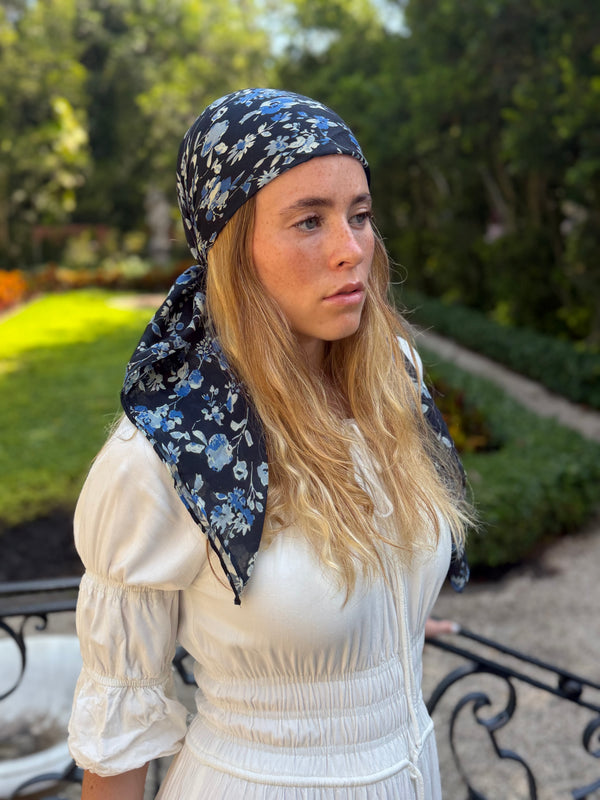 Navy Blossom Square Head Scarf
