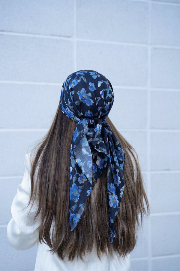 Royal Blue Florals Square Head Scarf