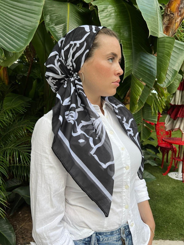 CLASSIC PRETIED Enlarged Black Floral Border Head Scarf (WITH VELVET GRIP)