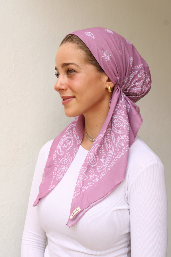 SHORT CLASSIC PRETIED Paisley Mulberry Plum Head Scarf (WITH VELVET GRIP)
