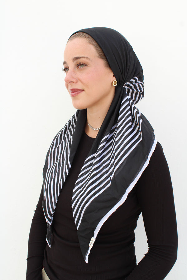 CLASSIC PRETIED Stripped Black Head Scarf (WITH VELVET GRIP)