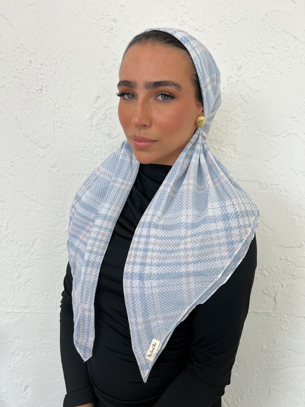 CLASSIC PRETIED Blue Plaid Head Scarf (WITH VELVET GRIP)