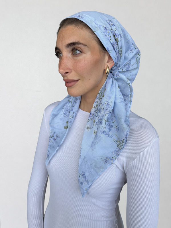 SHORT CLASSIC PRETIED Bluebell Mist Head Scarf (WITH VELVET GRIP)