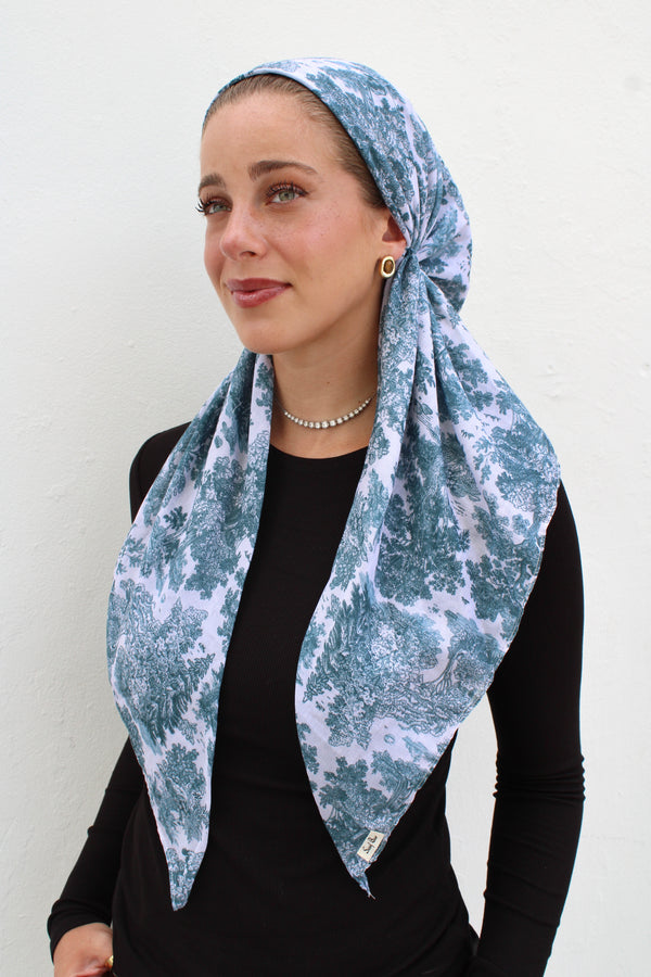 CLASSIC PRETIED Forest Green Toile Head Scarf (WITH VELVET GRIP)