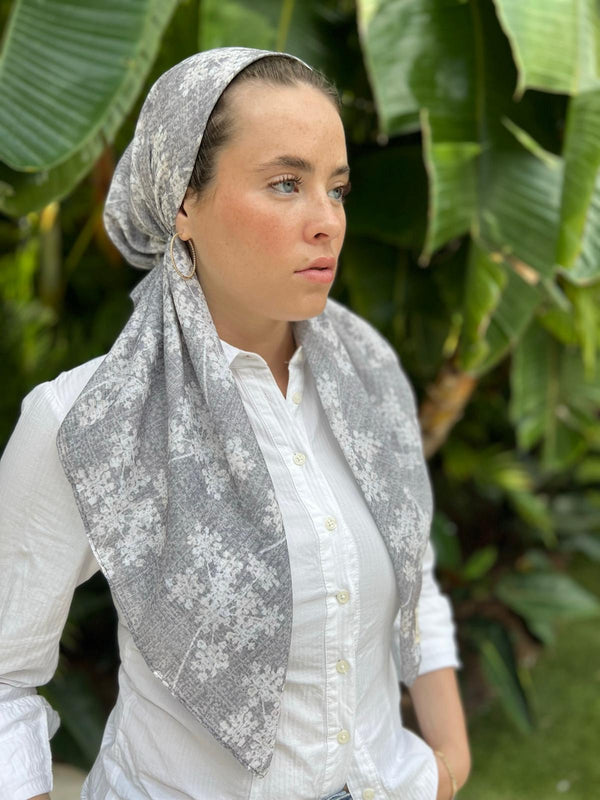 CLASSIC PRETIED Grey Stitched Floral Head Scarf (WITH VELVET GRIP)