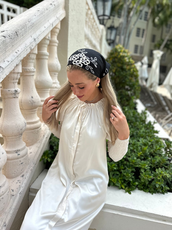 Two Tone Black Embroiderey Floral Cotton Viscose Bandanas