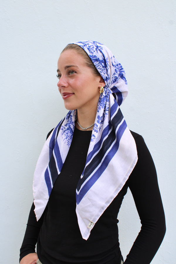 CLASSIC PRETIED Country Navy Toile Head Scarf (WITH VELVET GRIP)
