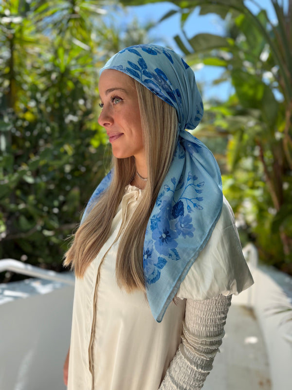 Sky Blue Floral Collection Square Head Scarf
