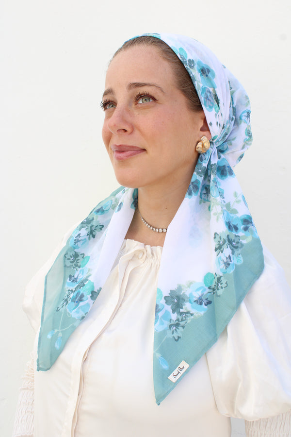 SHORT PRETIED White Sage Floral Head Scarf (WITH VELVET GRIP)