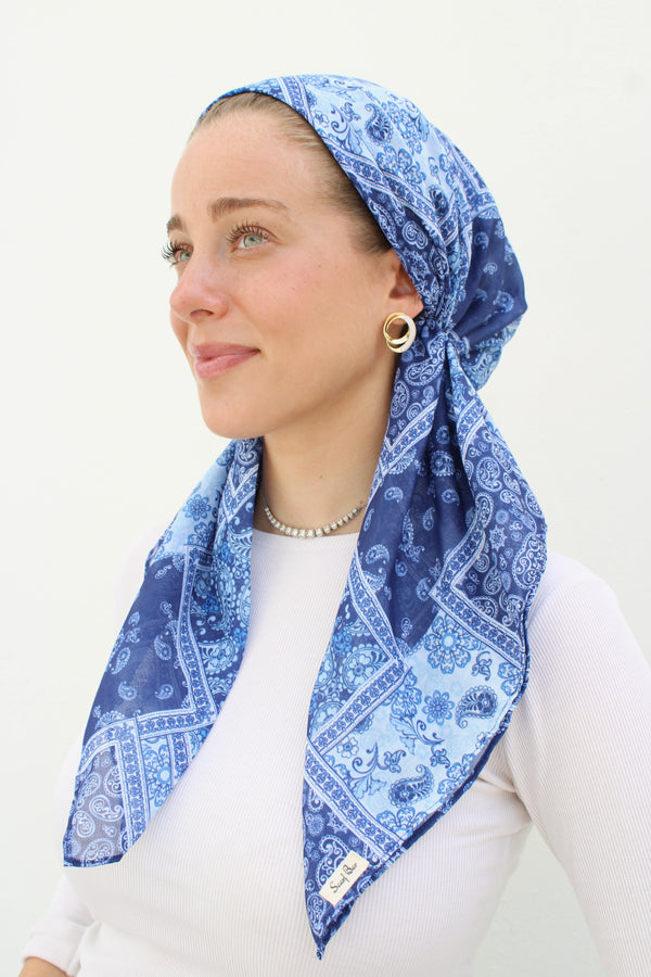 SHORT CLASSIC PRETIED Denim Paisley Patchwork Head Scarf (WITH VELVET GRIP)