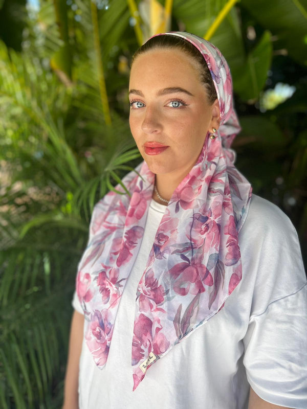 CLASSIC PRETIED Pretty Pink Florals Head Scarf (WITH VELVET GRIP)