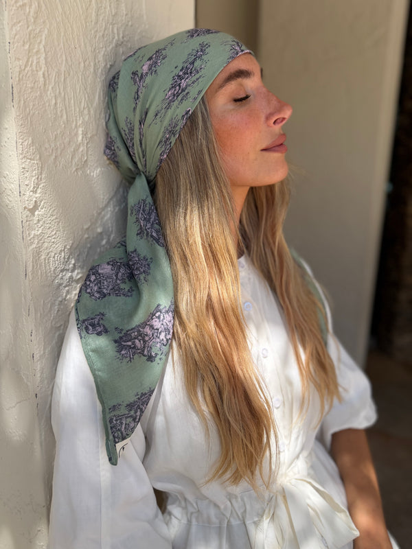 Olive Chateau Toile Square Head Scarf