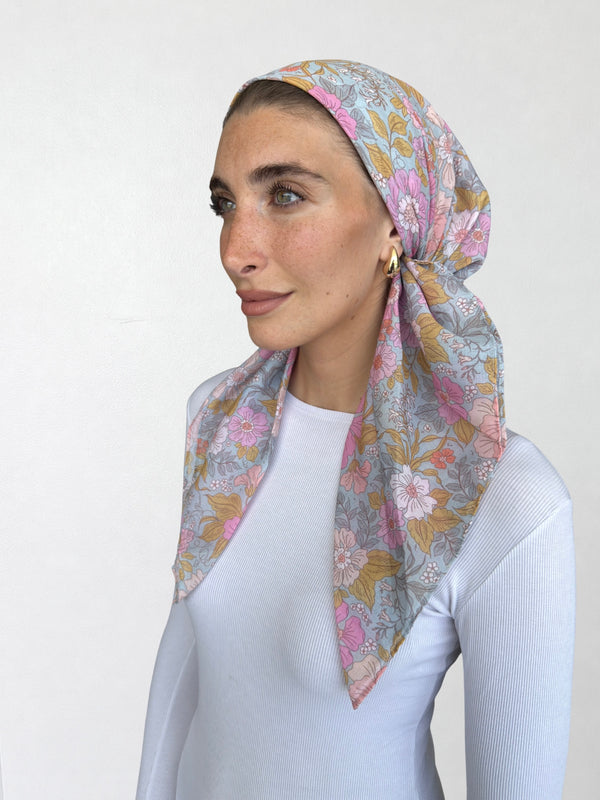 SHORT CLASSIC PRETIED Camellia Sky Head Scarf (WITH VELVET GRIP)