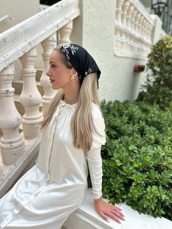 Two Tone Black Embroiderey Floral Cotton Viscose Bandanas