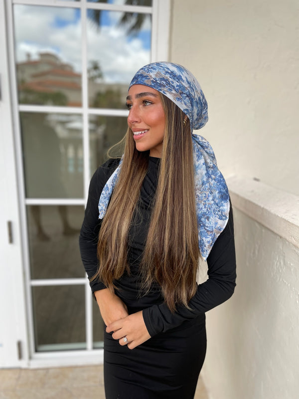 Whimsical Blue Garden Square Head Scarf