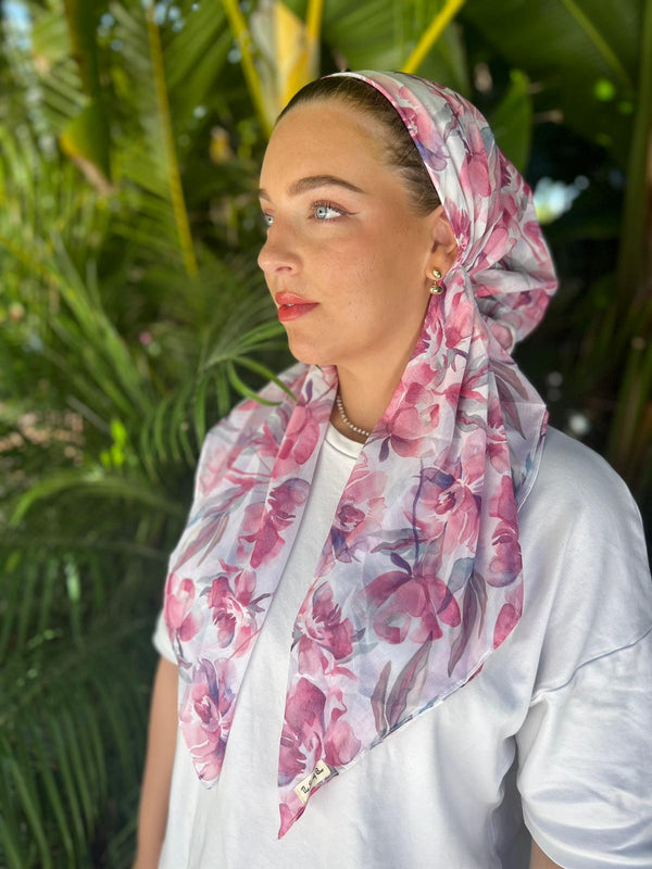 CLASSIC PRETIED Pretty Pink Florals Head Scarf (WITH VELVET GRIP)
