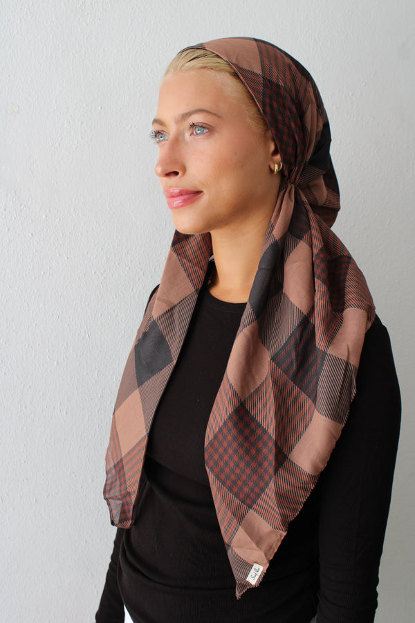 CLASSIC PRETIED Caramel Plaid Head Scarf (WITH VELVET GRIP)