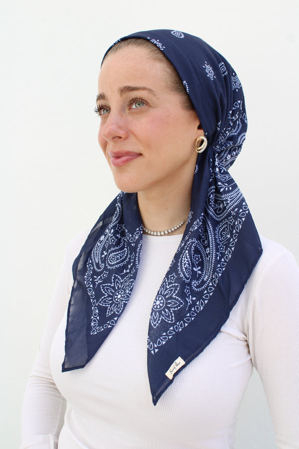 SHORT CLASSIC PRETIED Paisley Navy Head Scarf (WITH VELVET GRIP)