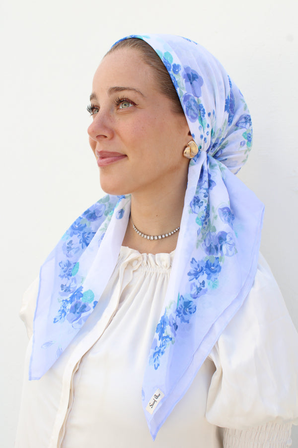 SHORT PRETIED White Blue Floral Head Scarf (WITH VELVET GRIP)