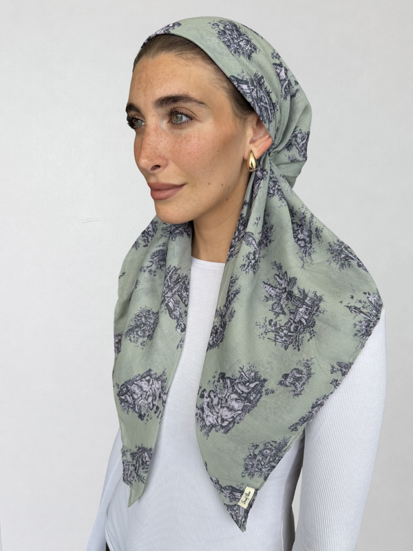 CLASSIC PRETIED Olive Chateau Toile Head Scarf (WITH VELVET GRIP)
