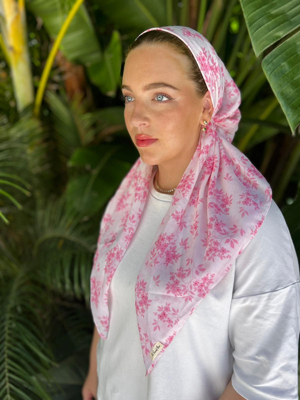 CLASSIC PRETIED Dainty Pink Blooms Head Scarf (WITH VELVET GRIP)